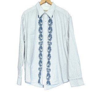 Pronto-Uomo Hand Stitched Shirt Mens Size XL Blue Stripe Button Down Cotton